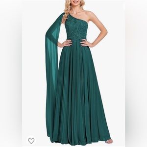 Razette 👗 Teal Chiffon One Shoulder Long Lace Appliques Formal Dress
